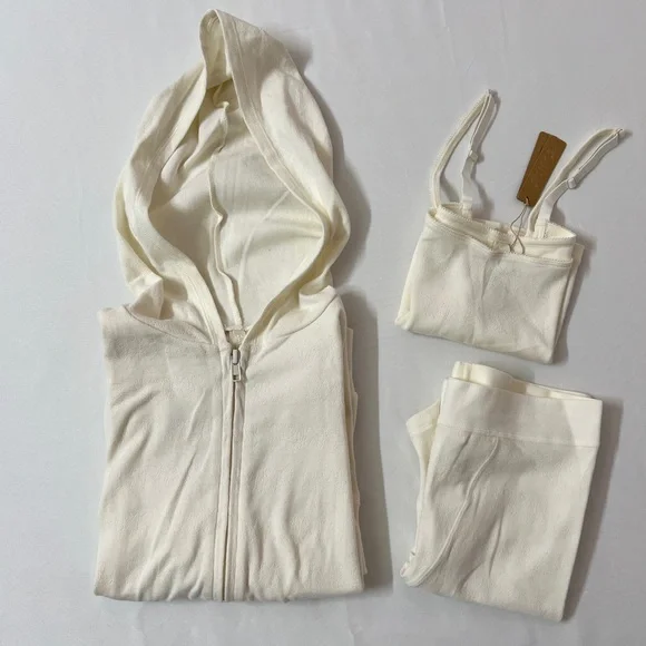 SKIMS Logo Pointelle Full Zip Up Jacket + Tank Crop Top + Boxer Shorts Short Set